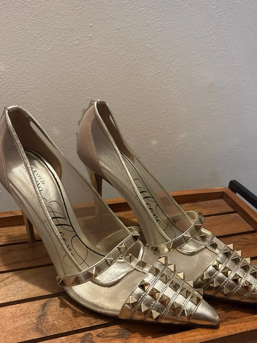 Valentino Garavani Rockstud Alcove Mesh Gold Pumps